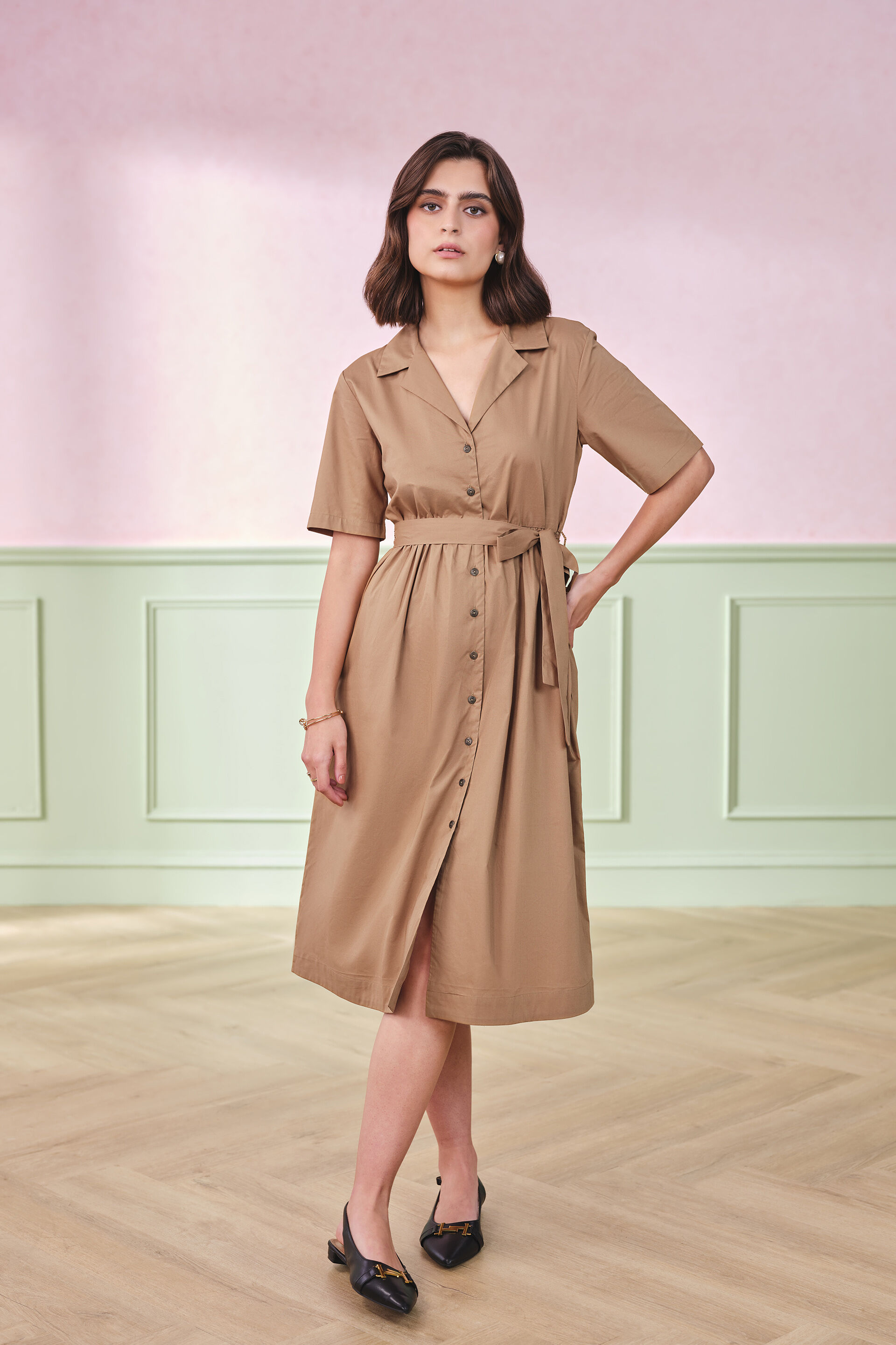 Nancy Camel Cotton Dress, Camel, image 1